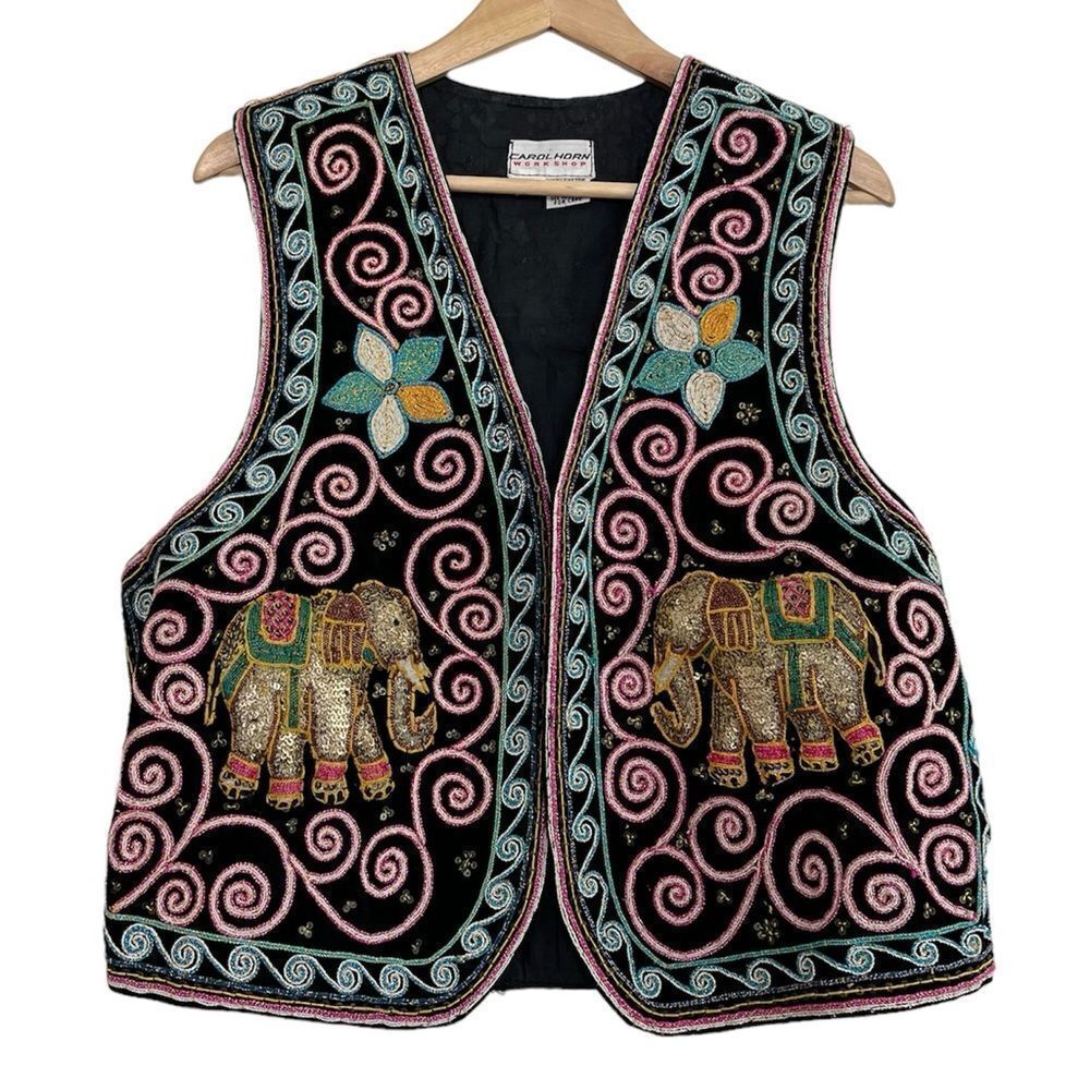 Vintage Carol Horn Workshop Artsy Boho Hippie Colorful Embroidered Vest Elephant